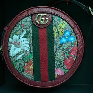 Red Gucci Bag- MINI GG SUPREME FLORA OPHIDIA ROUND BACKPACK